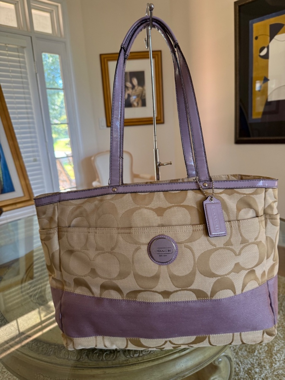 Coach Signature Monogram Canvas Tan/Purple Diaper Bag Tote Purse F17443